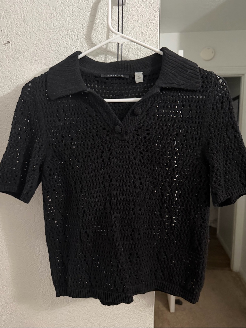 T Tahari Black Crochet Polo Knit Top with Short Sleeves